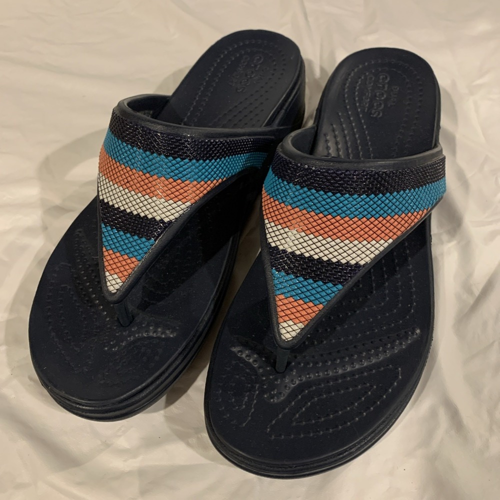 Crocs Monterey Sandals Women's Size 7 Beaded‎ Multicolor  Stripe Wedge Flip Flop